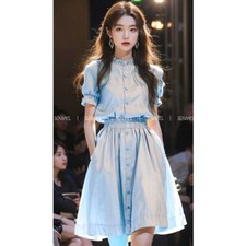 Summer Luxury A-Line Dress Women's French Dress Short Sleeve Blue Shirt Dresses
