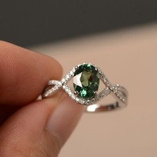 lab created Green Sapphire Ring Oval Cut Gemstone Ring Silver Anniversary Rings