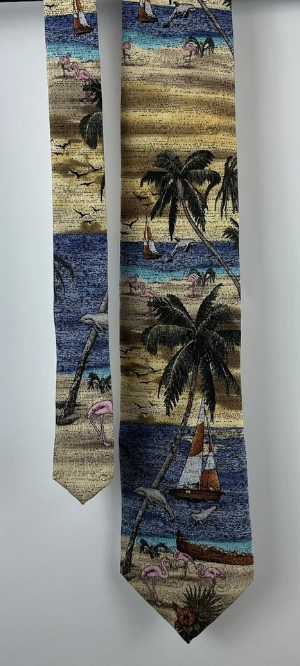 Corbata de seda vintage Tropicals by Tango playa hawaiana flamenco palmera Foto 2 de 4