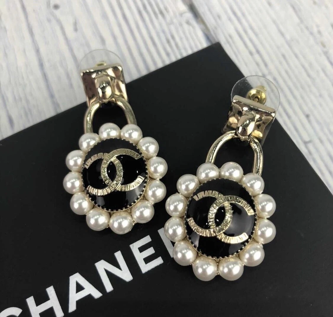 Authentic Chanel Gold CC Crystal Plaid Pattern Long Piercing Earrings - LAR  Vintage