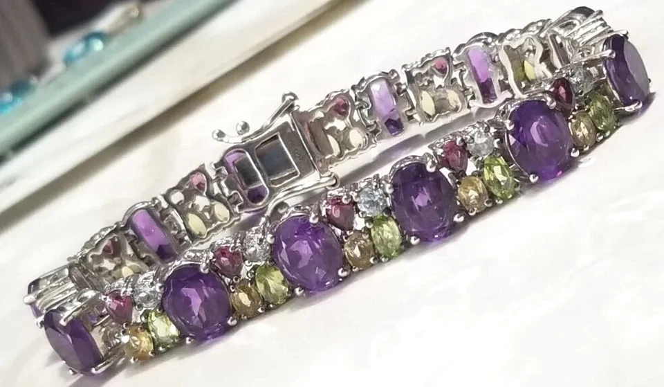 Chuck Clemency NYCII multi gemstone-sterling silver wide Bracelet purple green - Image 2 of 4