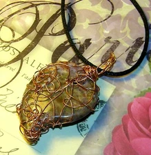 AWESOME HAND-CRAFTED COPPER-WIRE-WRAPPED INDIAN AGATE CRYSTAL HEART PENDANT  