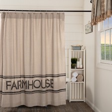 Farmhouse Shower Curtain Cotton Khaki Weathered Country Black Print Sawyer Mill