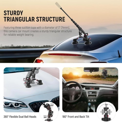 Triple Suction Cup Car Mount Kit with 2In1 Extension Pole/Selfie Stick, Quick Re - Picture 4 of 8