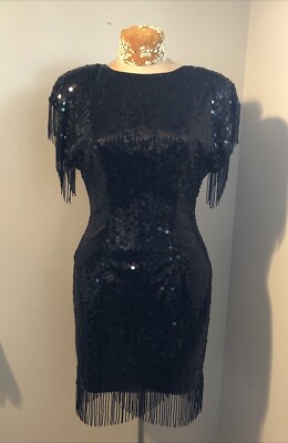 Vintage 80s 90s CACHE Black Sequin Mini Dress Cocktail Party Beaded Fringe 8