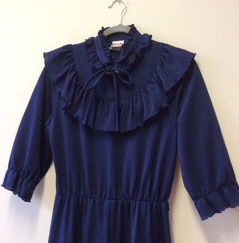 1970s Navy Blue Jersey Maxi Dress By Inka With A Frilled Yoke UK 10 - Picture 2 of 5