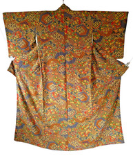Vintage Japanese Silk Kimono Colorful Patchwork Geometric Pattern Japan