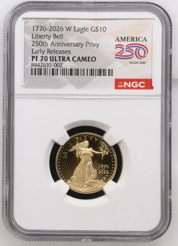 1776-2026 W 1/4 OZ Proof Gold Eagle NGC PROOF 70 Early Release w/ Liberty Bell