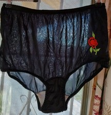Vintage 60s Black Nylon Red Rose Embroidered Semi-Sheer Granny Panties 7 M EUC