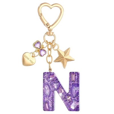 Cute Initial Letter Keychain, Letter N Keychains for Women Girls Bling Purple