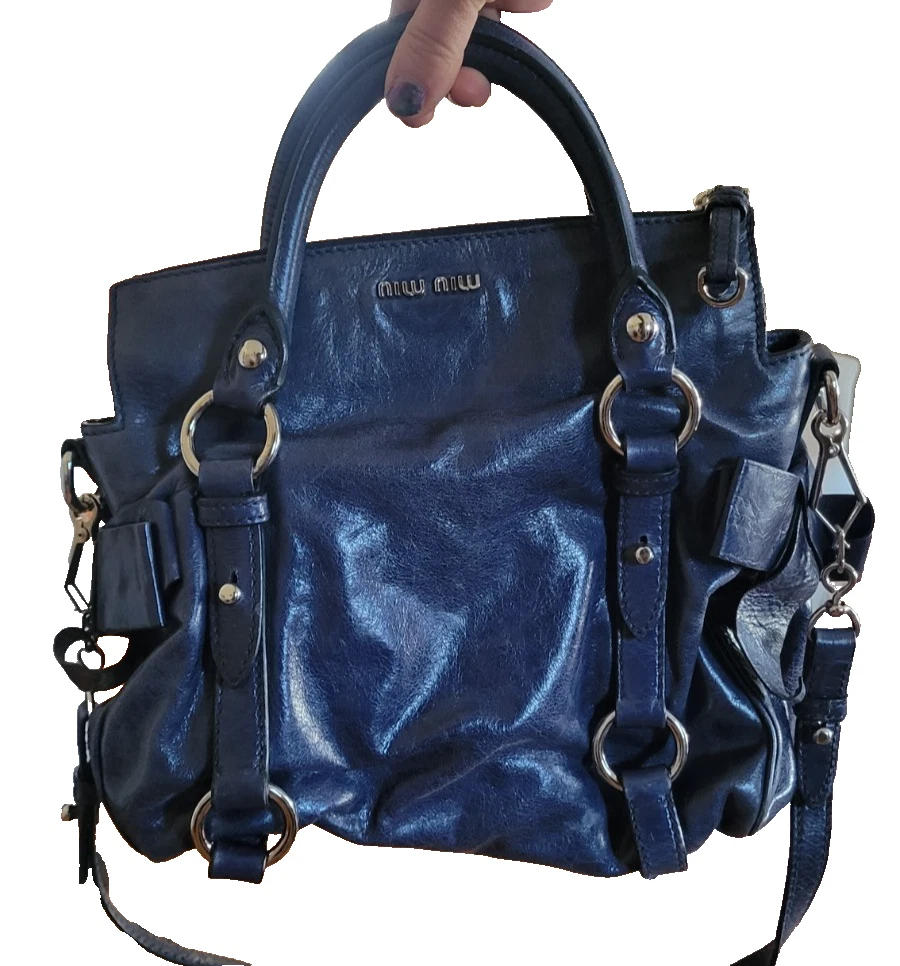 Miu Miu — MIU MIU Vitello Lux Bauletto Bow 2Way Leather Crossbody Shoulder Satchel Bluette