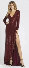 Mac Duggal 26395 Faux Wrap Long Sleeve Sequin Gown New Size 6 Wine Red