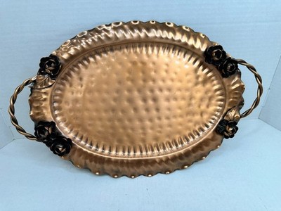 Vintage Gregorian Hammered Solid Copper Serving Tray w/ Rose Twist Handles rare