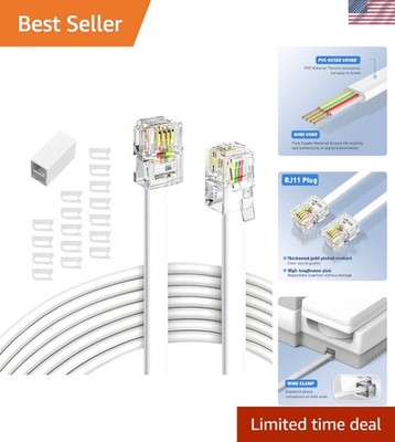 Lightweight 50 Ft RJ11 Phone Extension Cord with In-Line Coupler and Cable Clips