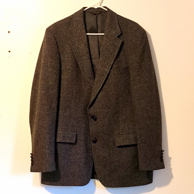 VTG GANT Tweed Jacket 44L 100% Wool Grey Herringbone Blazer Made In USA