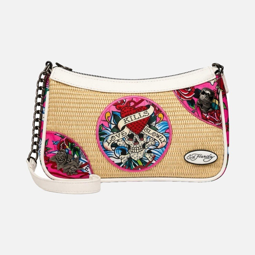 Ed Hardy スカルとバラのショルダーバッグ Ed Hardy Shoulder Bag Skull Rose Graphic white, bamboo, Pink Chain