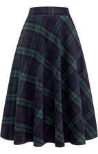 Women  s Plaid Wool Skirts Elastic Waist A-Line Pleated Tartan Long Medium