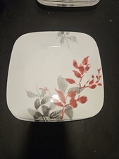 Lot of 6 Corelle Kyoto Leaves Square Luncheon Salad Plates 9” - Red Gray Floral