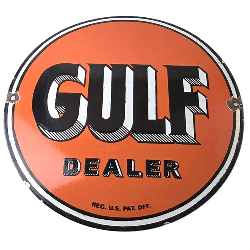 Vintage Gulf Gasoline Sign - Heavy Service Station Gas Pump Plate Service Sign