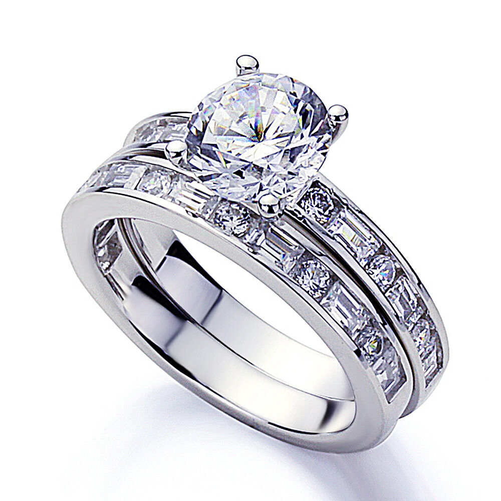 Sterling Silver 3-Piece CZ 8mm Round Wedding Ring Set Sterling Silver 3-Piece CZ 8mm Round Wedding Ring Set