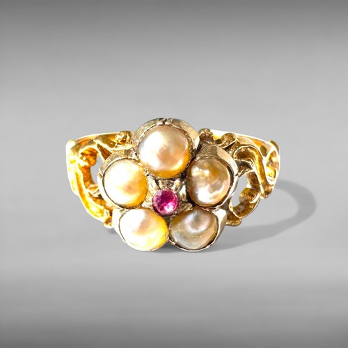 Georgian 15 ct Gold Pearl & Ruby Ring - Picture 6 of 7