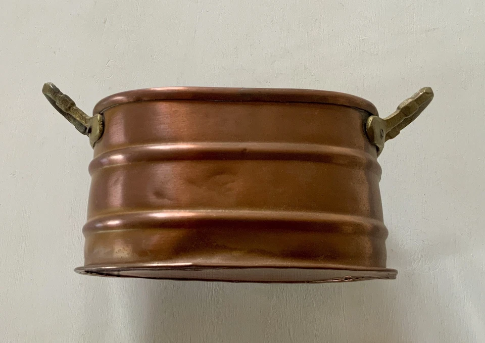 Contenitore In Rame Ovale Con Manici In Ottone - Vintage - Immagine 3 di 4