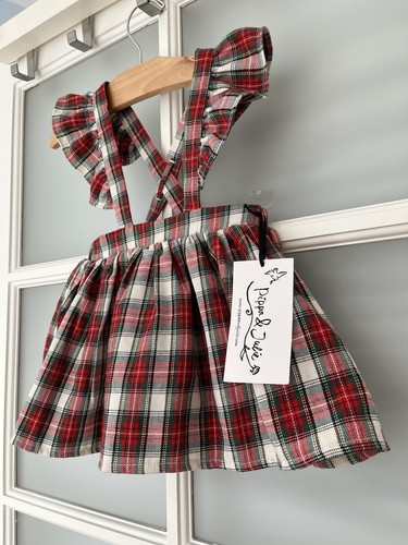 White Red Tartan plaid suspenders skirt Pinafore Straps Ruffles 12m 1 Year New - Picture 2 of 5