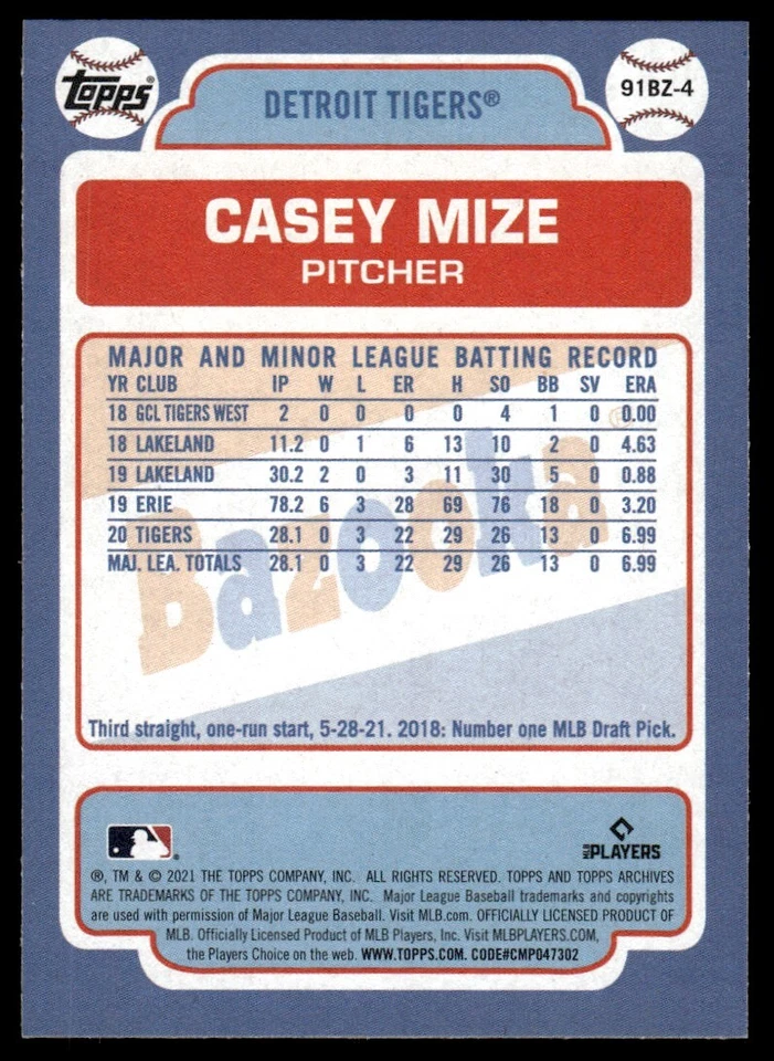 2021 Topps Archives 1991 Bazooka Shining Stars Casey Mize Detroit Tigers #91BZ-4 - Image 2 of 2