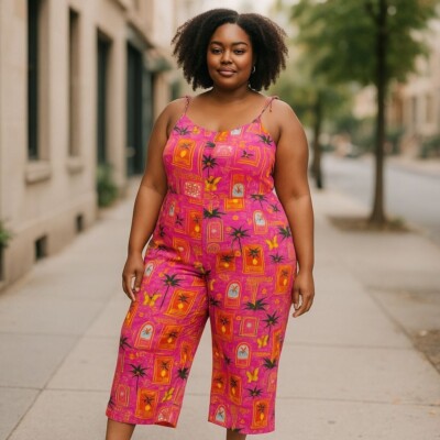 NEW Old Navy Womens XL Pink Tropical Print Wide-Leg Jumpsuit Adjustable Straps