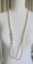 Pearl Necklace, Faux Pearls, 38.5 inch Strand w Rhinestone Decorative Clasp