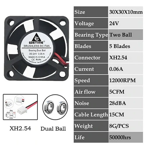 GDSTIME 24V 3010 30MM x 10MM Brushless Ball Bearing Fan QUIET 3D Printer Upgrade - Afbeelding 3 van 3