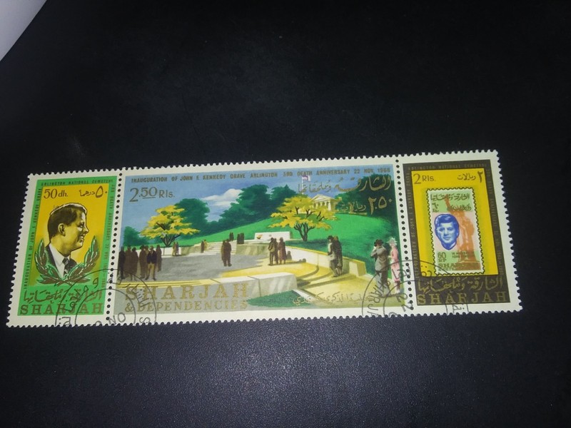 1966 SHARJAH JOHN F KENNEDY 3 STAMP STRIP-POSTMARKED
