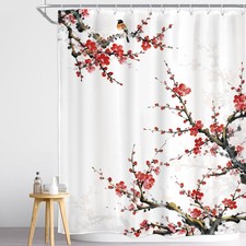 Red Floral Shower Curtain Cherry Blossom Flower Plum Bird Asian Japanese Aest...