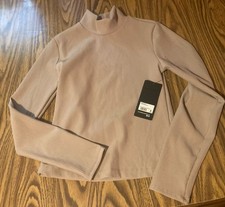 Womens Beige Rib-Knit Mock Neck Long Sleeve P...