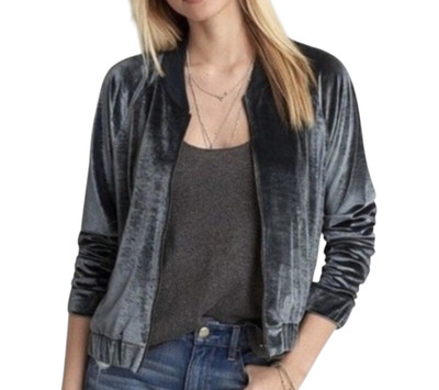 AMERICAN EAGLE Dark Steel Blue-ish Gray VELVET BOMBER JACKET Full Zip Pockets S