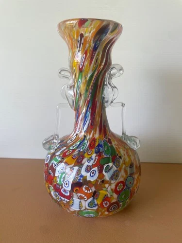 Vintage Murano Style Millefiori Art Glass Vase Applied Handles Multicolour Hand