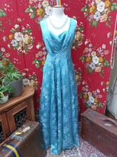 Vintage 1950's 50's Blue Turquoise Satin Ballgown Prom Wedding Dress Size 14