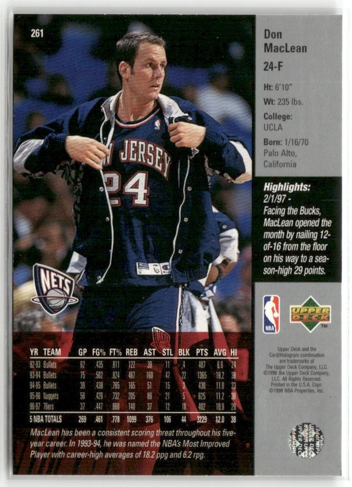 1997-98 UPPER DECK DON MACLEAN NEW JERSEY NETS #261 - Image 2 of 3