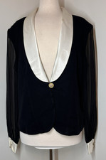 J R Nites by Caliendo Sz 16 Vtg Black Blouse Sheer Long Sleeve Satin Jewel