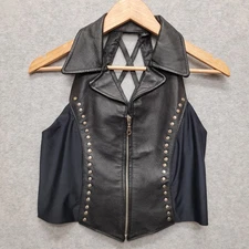 Vance Leather Womens BIker Vest Lattice Back Collared Black Studded Rivets LRG