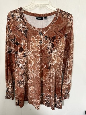Susan Graver Weekend Floral Knit Top S Brown Beige Stretch Tunic Boho Fall