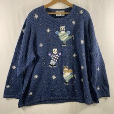 VTG Womens Cats Ice Skating Hand Embroidered Marl Sweater Sz 3X Novelty Winter
