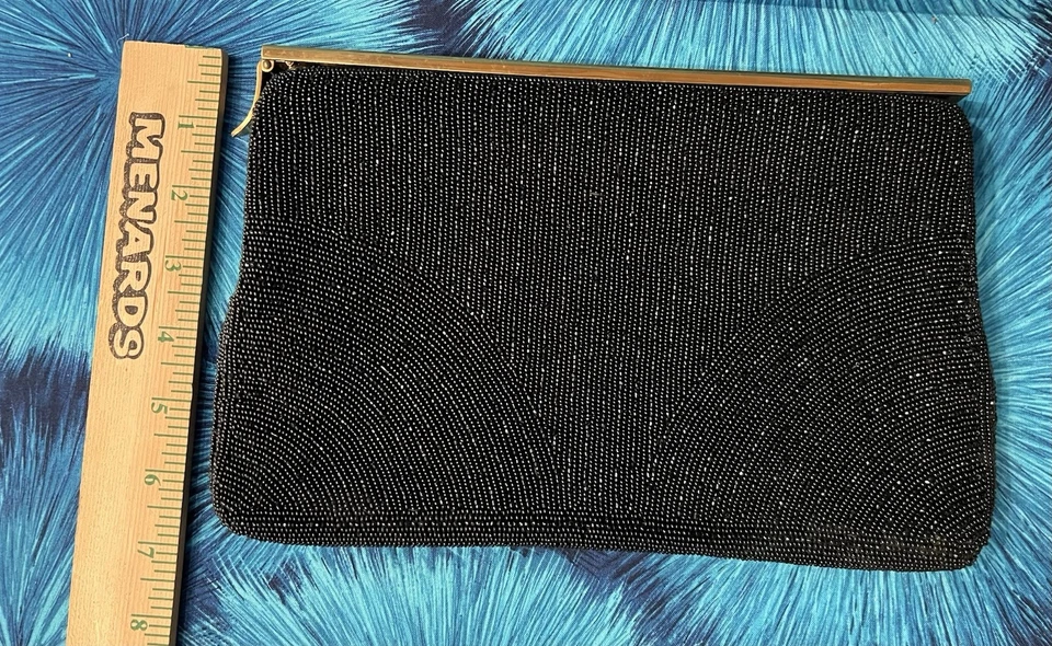VTG Walborg Black Beaded Clutch Handbag w/Unique Top Bar Closure 10-1/4" x 7" - Image 2 of 4