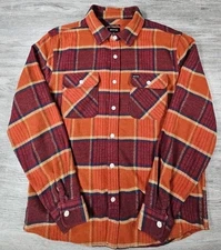 Brixton Bowery Mens MED Long Sleeve Flannel Shirt Orange Red Plaid Standard Fit