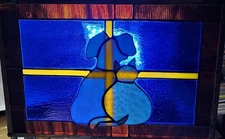 Vtg Stained Glass Suncatcher Window Panel Dog & Cat Looking Outside Cobalt 15x11