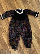VTG 80s 90s Baby Infant Girls 12 Month Velvet Romper Floral Peter Pan Lace Trim