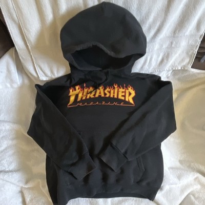 Thrasher Black Fleece Pullover Hoodie Graphic Flame Logo Pockets Size S