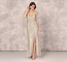 395 Aidan Mattox Stretch Sequin Sleeveless Cowl Neck Gown  Champagne Silver 8
