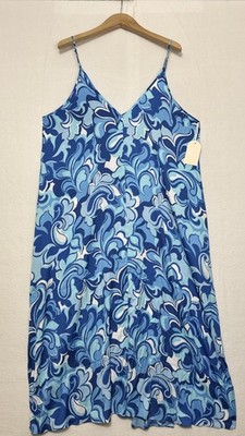 VAN WINKLE & CO Boho Blue Swirls Satin V-Neck 1X Maxi Dress Chemise Lingerie NWT