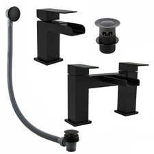 Matt Black Waterfall Square Basin Sink Tap & Bath Filler & Matching Waste Plug
